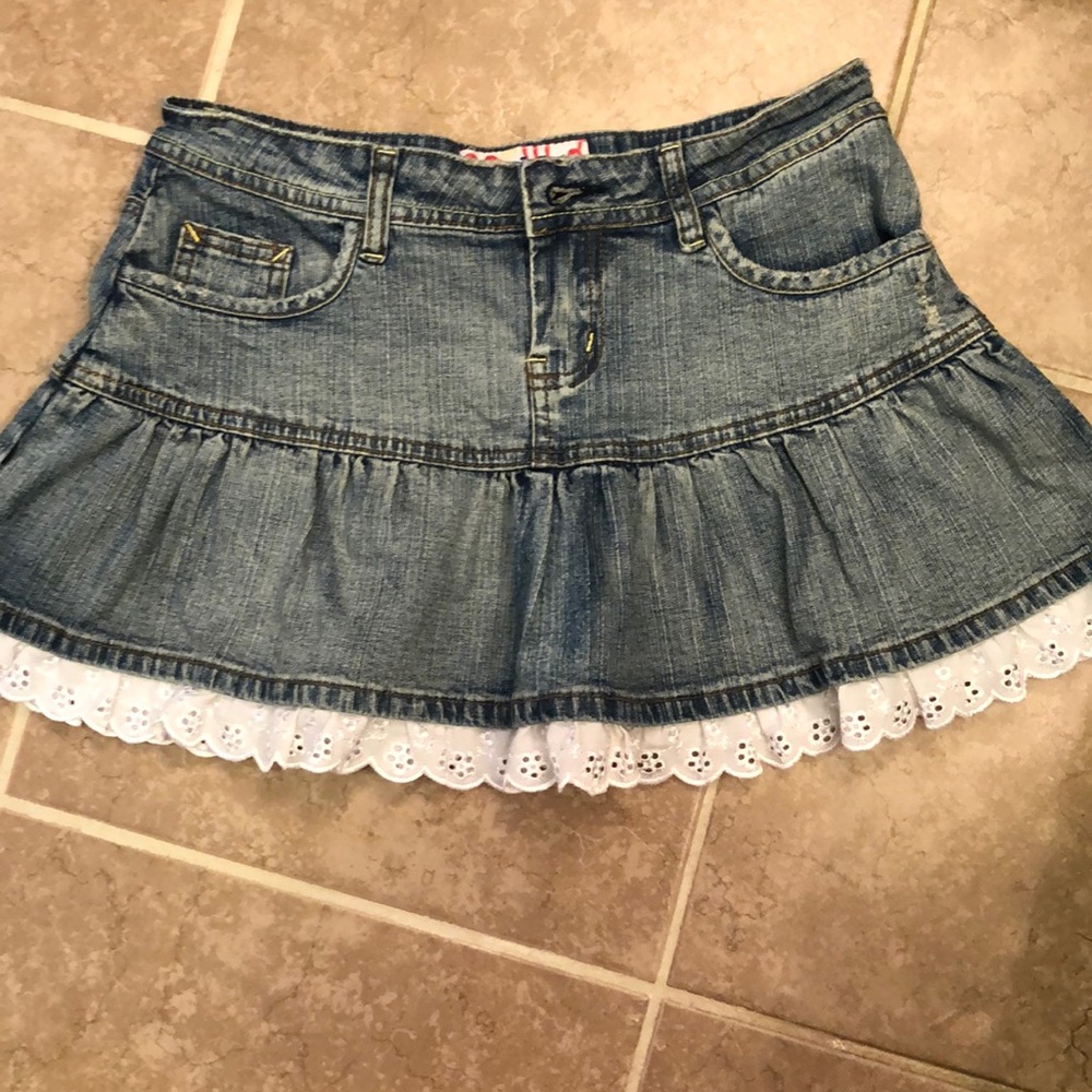 Mudd Blue Denim Mini Skirt with White Lace Trim